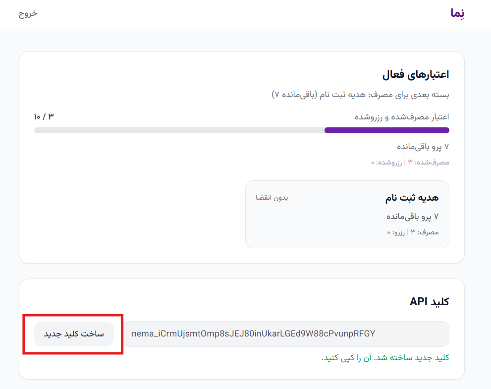 کارت کلید API در پنل فروشندگان نِما